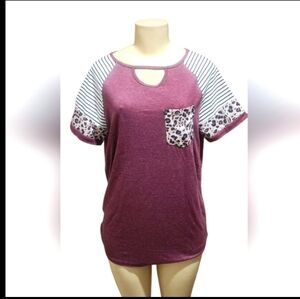 NWOT Leopard and Striped Short Sleeve Wine/Red Top Sz. Small